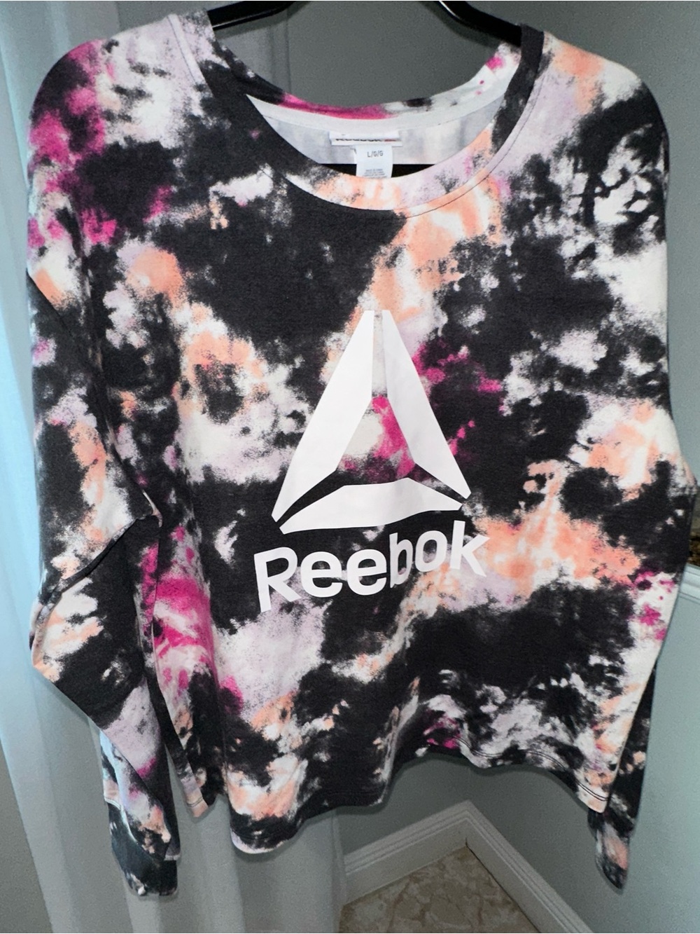 Reebok NWOT  Tie-Dye Long Sleeve Women’s Top in Black, Pink & Cream